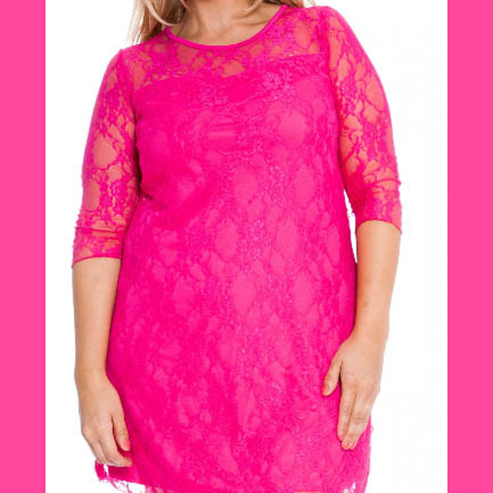 FINE LACE 3/4 SLEEVE SWING DRESS WITH SWEETHEART NECKLINECerise / UK 12-14