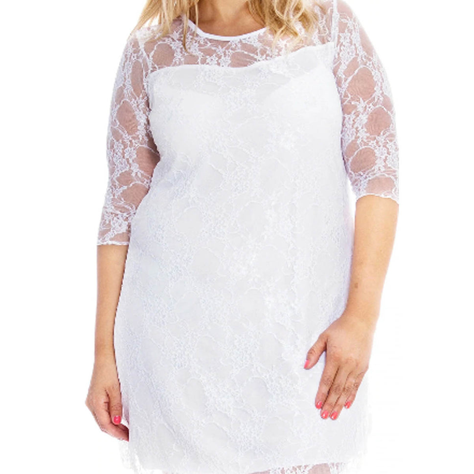 FINE LACE 3/4 SLEEVE SWING DRESS WITH SWEETHEART NECKLINEWhite / UK 12-14