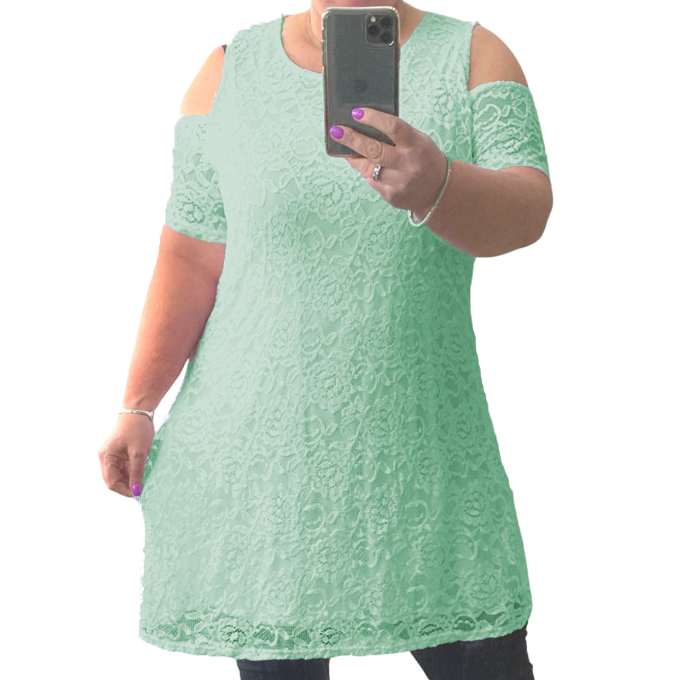 Open Shoulder Lace Swing Dress lined Plus SizeMint Green / UK 12-14