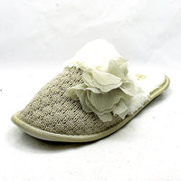 Knitted open back slippers with ruffled flower detail
