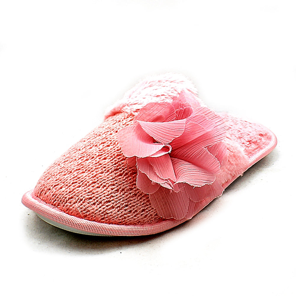 Knitted open back slippers with ruffled flower detail
