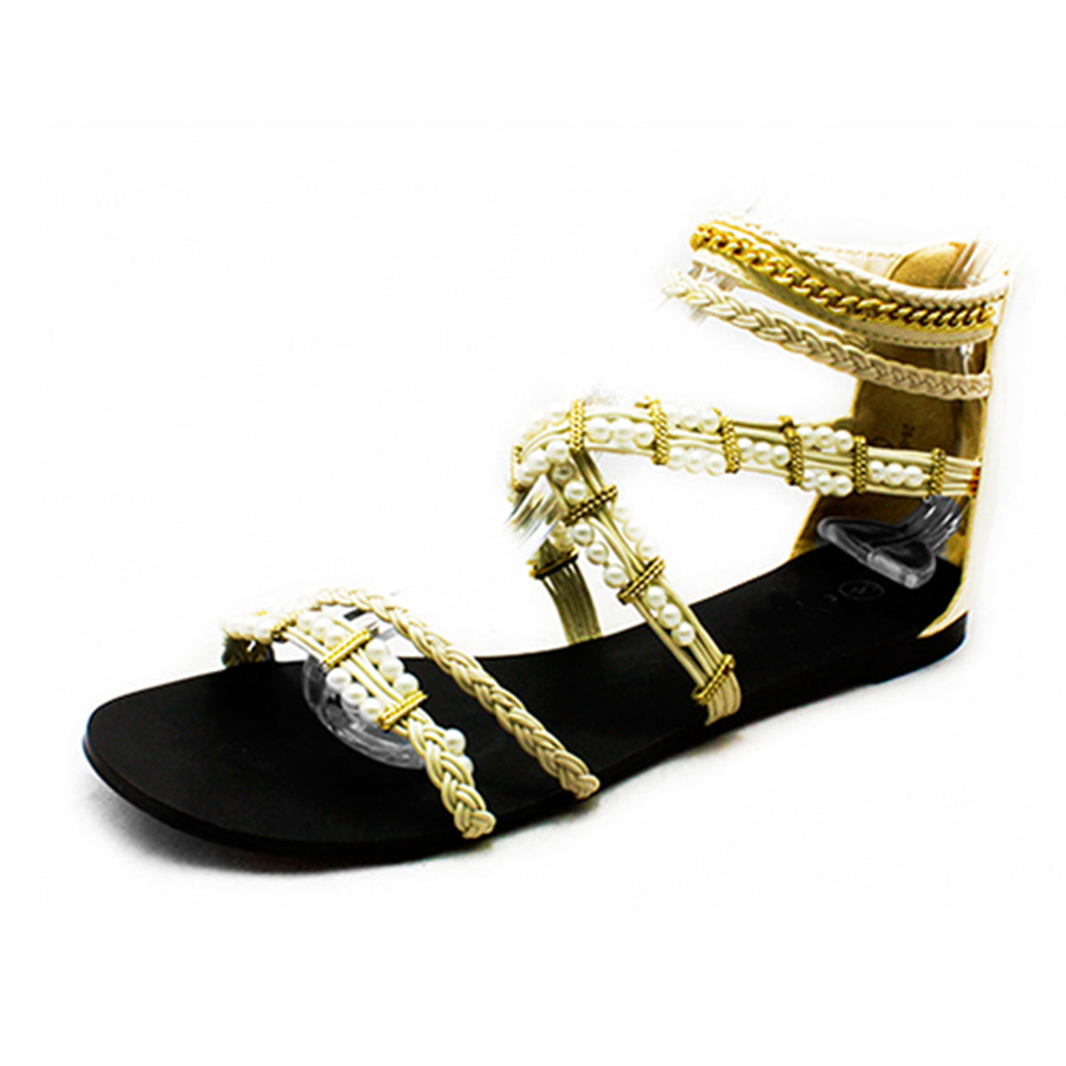 Ladies beige flat strappy sandals with beaded pearl detail