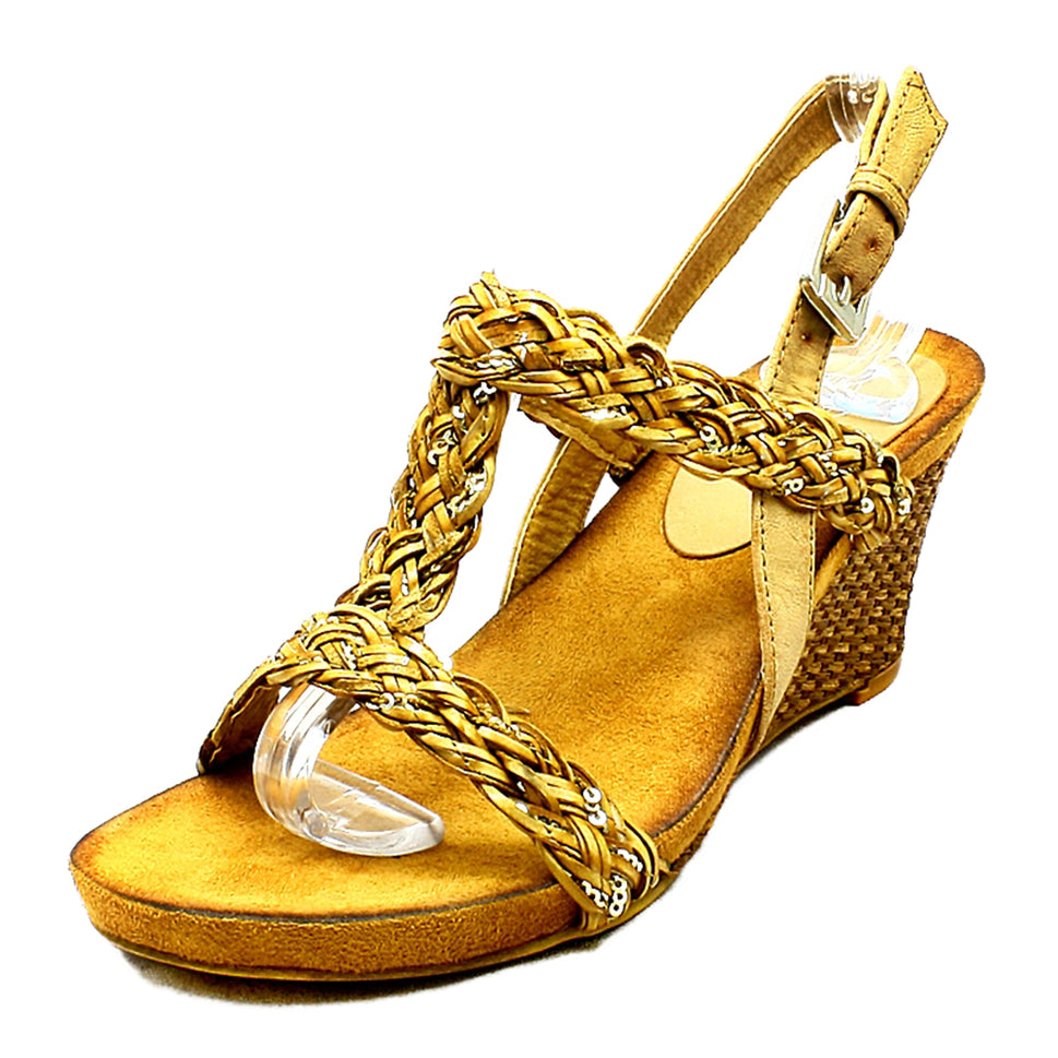 Strappy wedge heel sandals with open toe and ankle strapCamel / UK 4