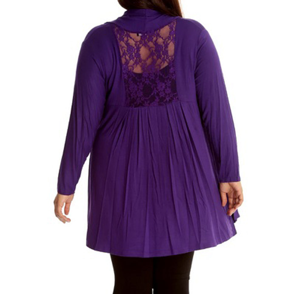 LONG LENGTH OPEN FRONT CARDIGAN WITH LACE PANEL TO BACKPurple / UK 12-14