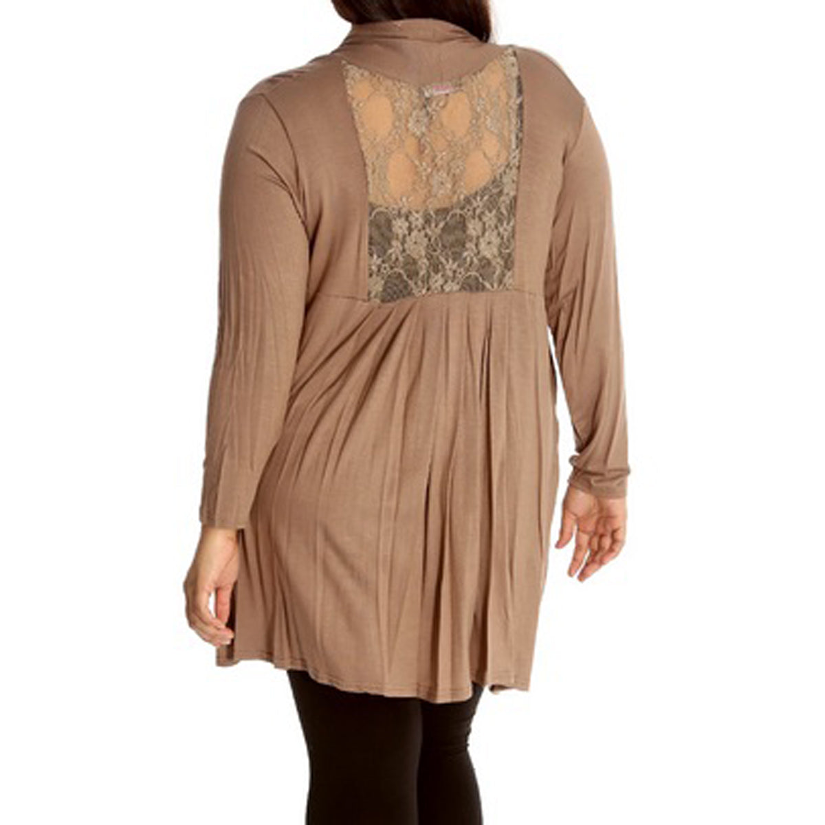 LONG LENGTH OPEN FRONT CARDIGAN WITH LACE PANEL TO BACK