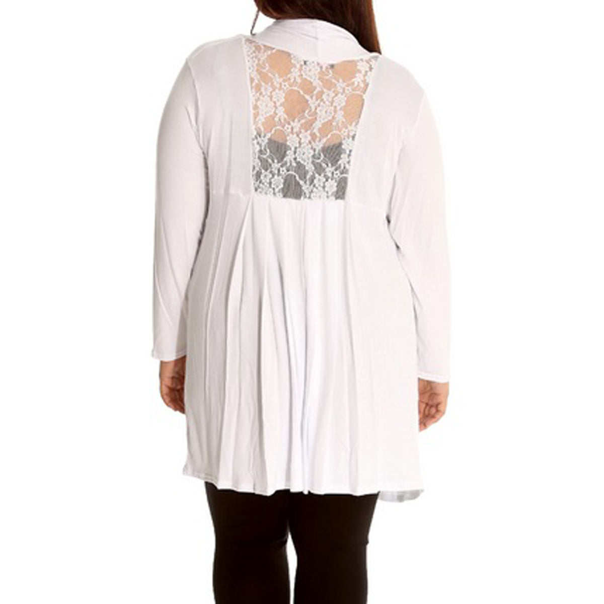 LONG LENGTH OPEN FRONT CARDIGAN WITH LACE PANEL TO BACK