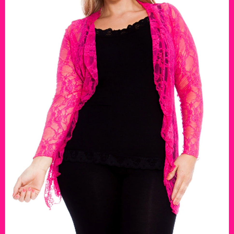 LACE LONG SLEEVE WATERFALL CARDIGAN / JACKETFuchsia / UK 14