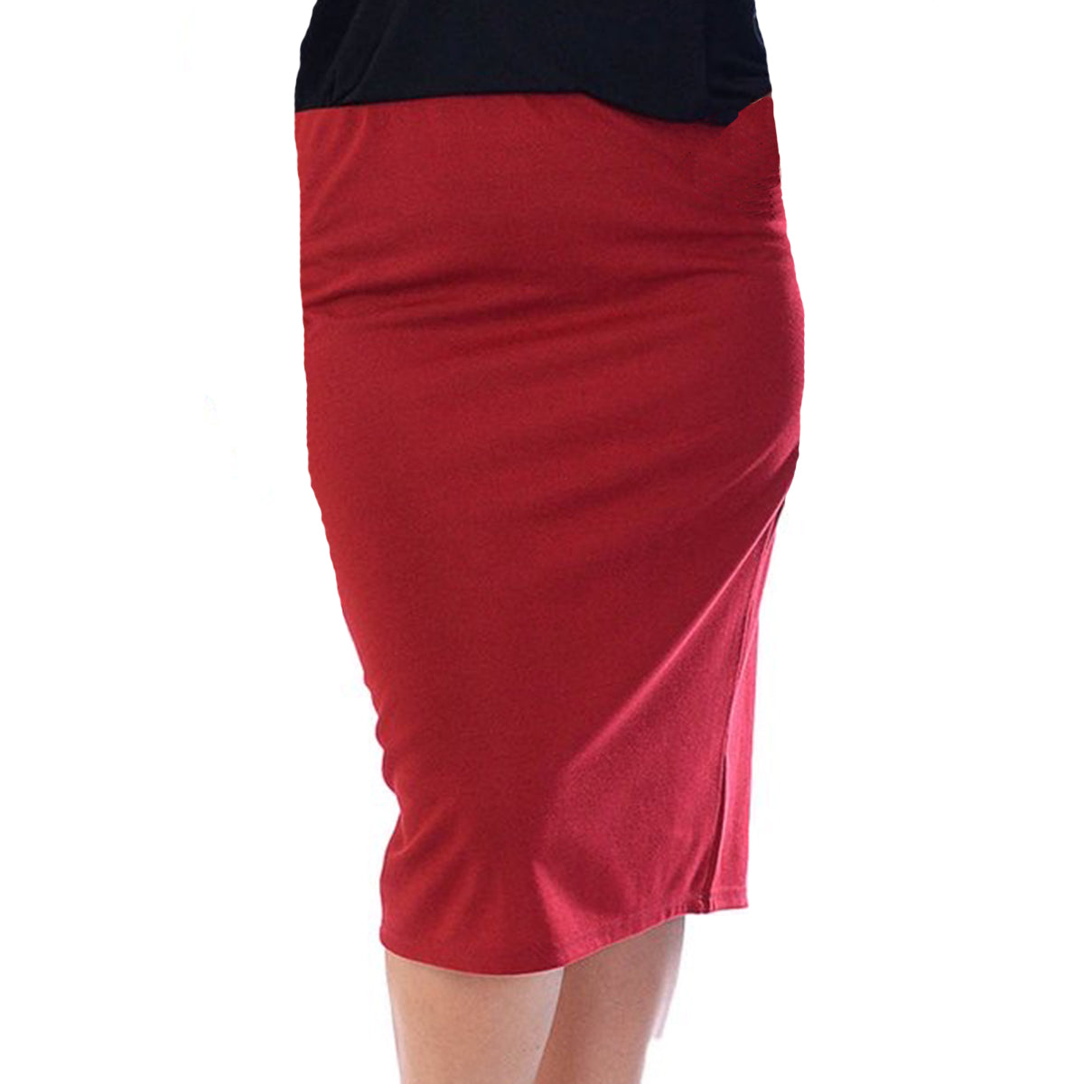 PLAIN ELASTIC WAIST FITTED PENCIL SKIRT