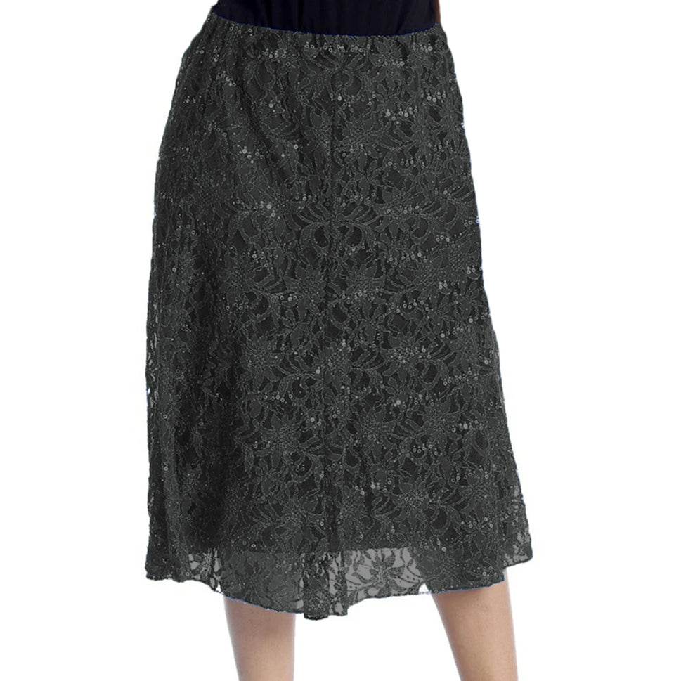 Calf Length Lace + sequin elastic Waist Skirt- Plus Sizes tooBlack / UK 12-14