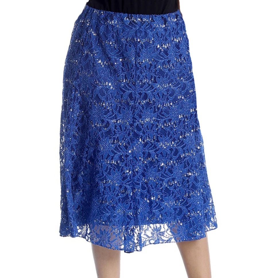 Calf Length Lace + sequin elastic Waist Skirt- Plus Sizes tooBlue / UK 12-14