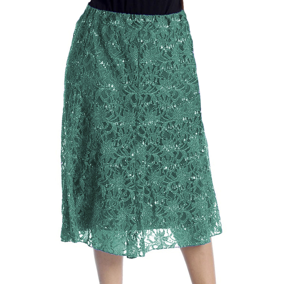 Calf Length Lace + sequin elastic Waist Skirt- Plus Sizes tooGreen / UK 12-14