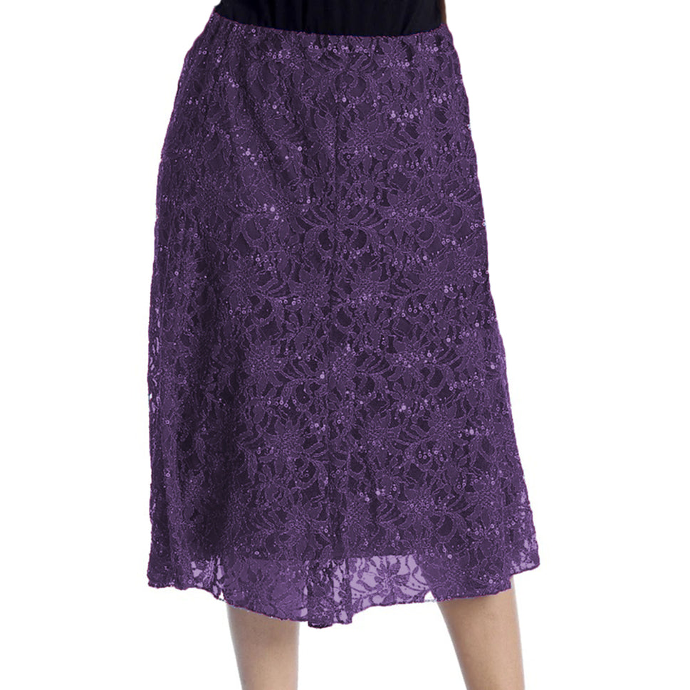 Calf Length Lace + sequin elastic Waist Skirt- Plus Sizes tooPurple / UK 12-14