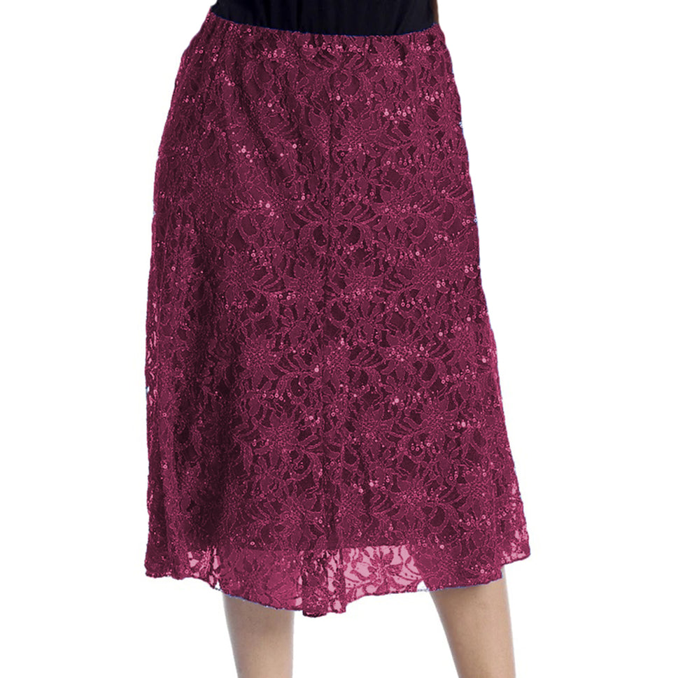 Calf Length Lace + sequin elastic Waist Skirt- Plus Sizes tooWine / UK 12-14