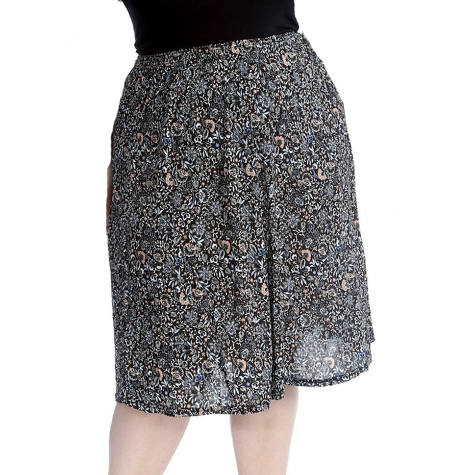 Elastic Waist patterned UPPER CALF length skirt - PLUS SIZESBlack / White / Pink Floral / UK 12-14