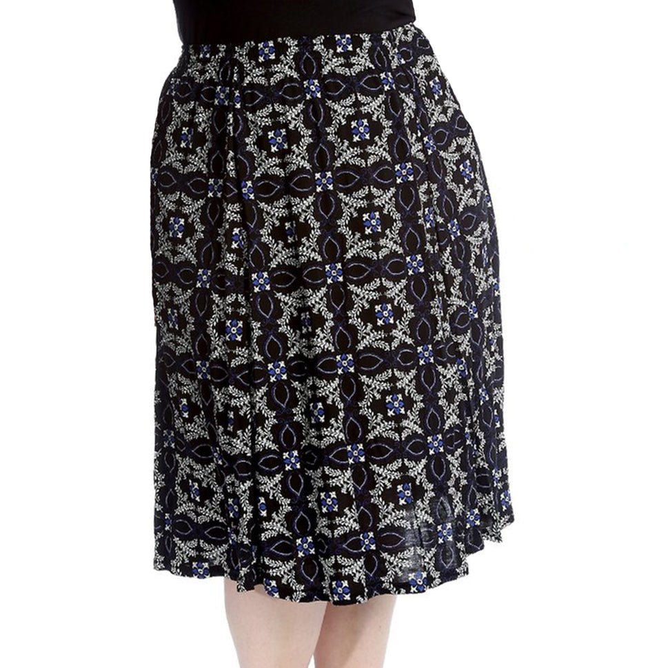 Elastic Waist patterned UPPER CALF length skirt - PLUS SIZESBlack / Blue Tile / UK 12-14