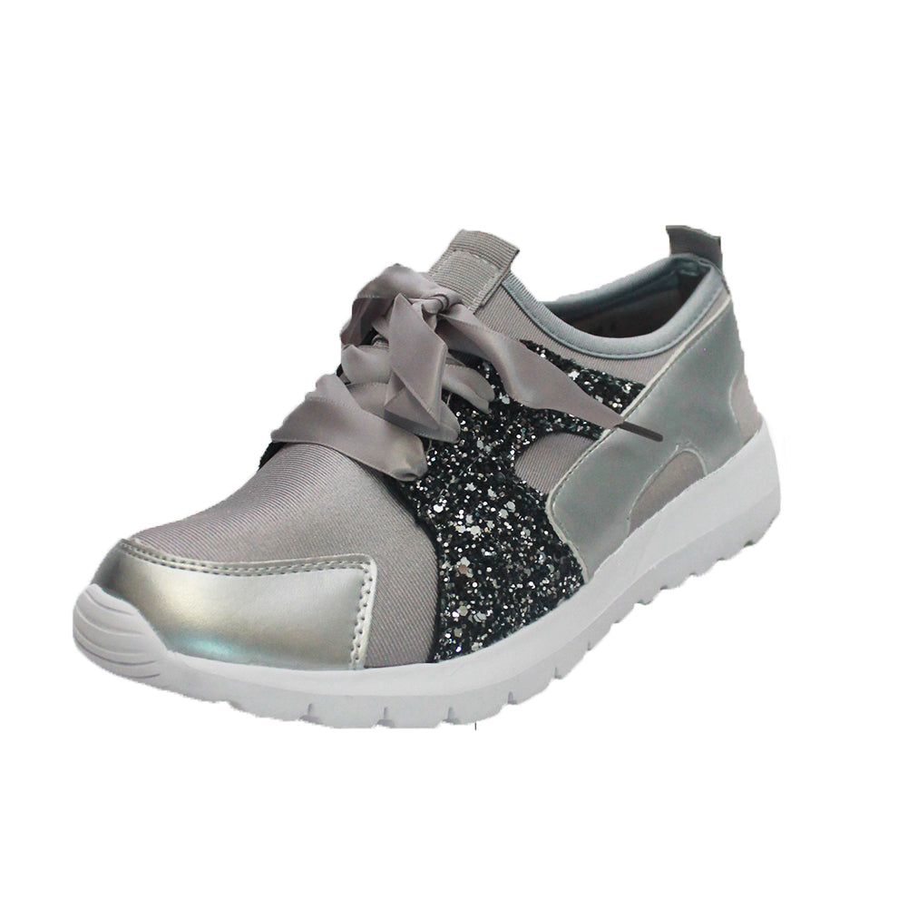 Grey Satin Trainers with black sparkly side panels