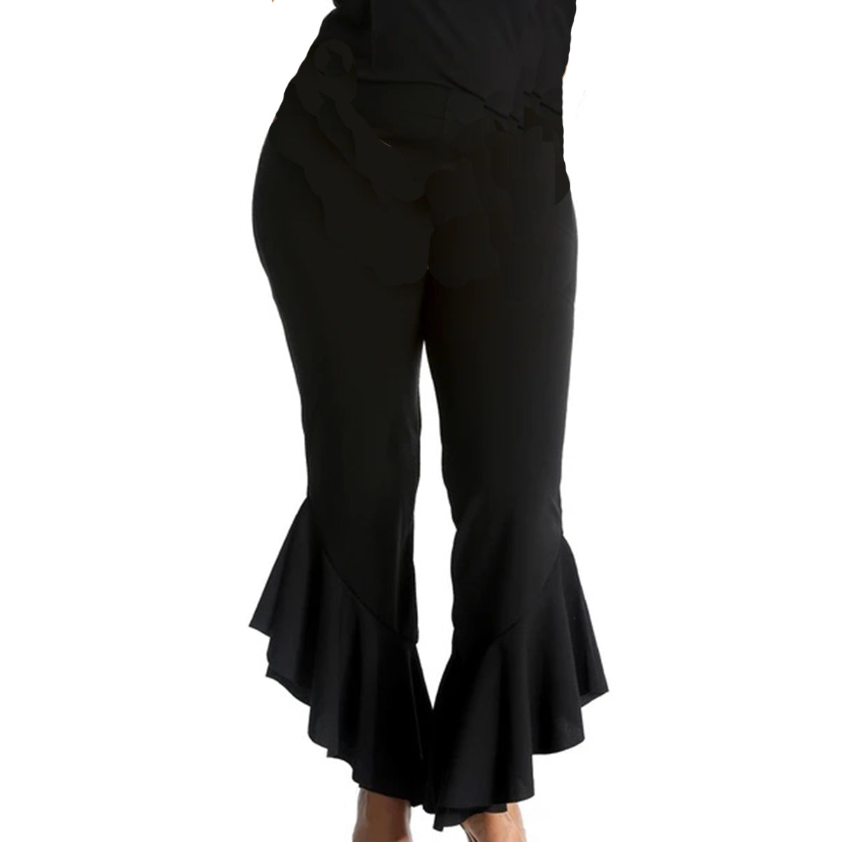 Black stretch fitted trousers with frilled hem - plus sizes