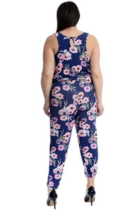 Floral sleeveless elasticated waist jumpsuit - plus sizes