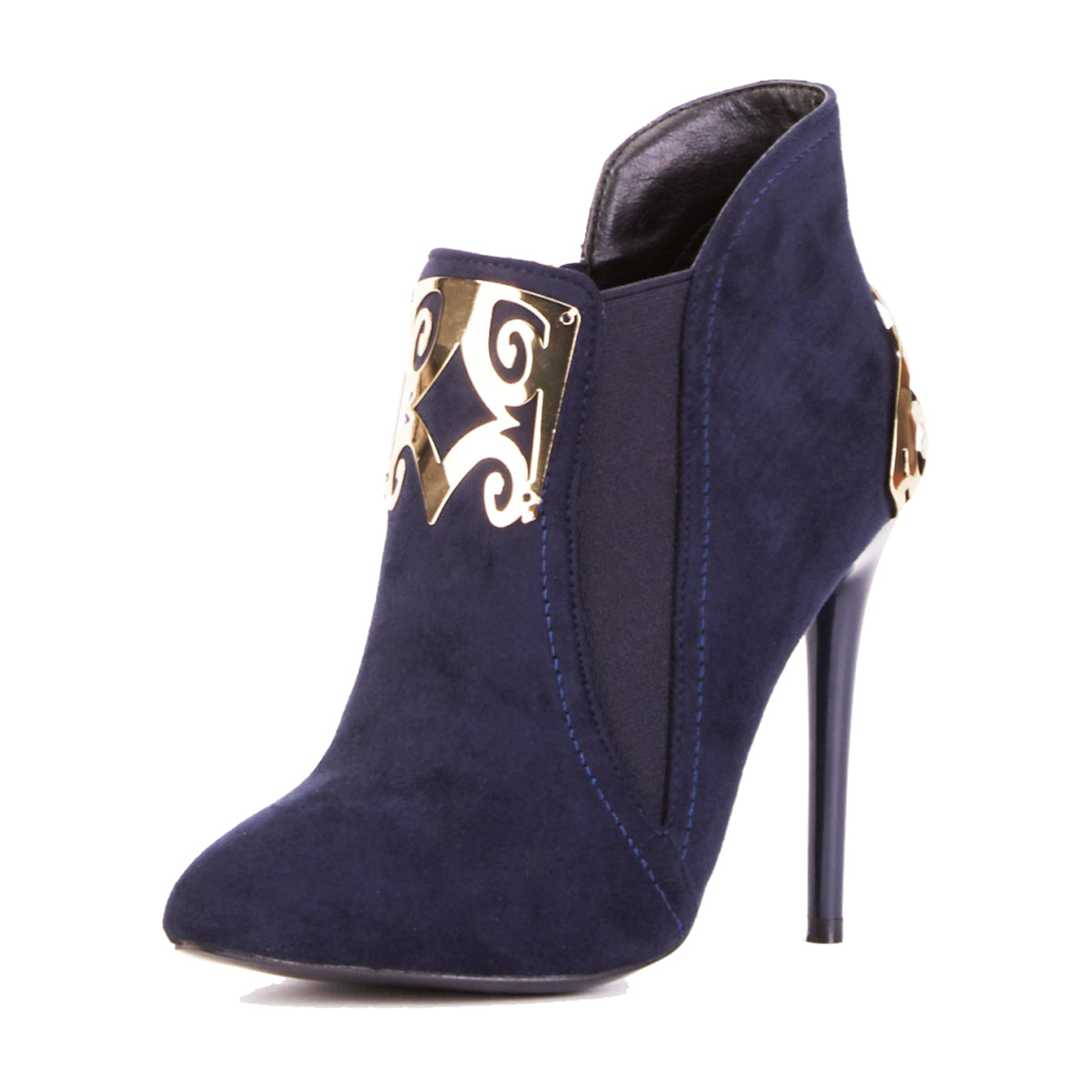 Blue Faux Suede high heel ankle boots with metal detail
