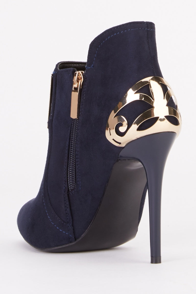 Blue Faux Suede high heel ankle boots with metal detail
