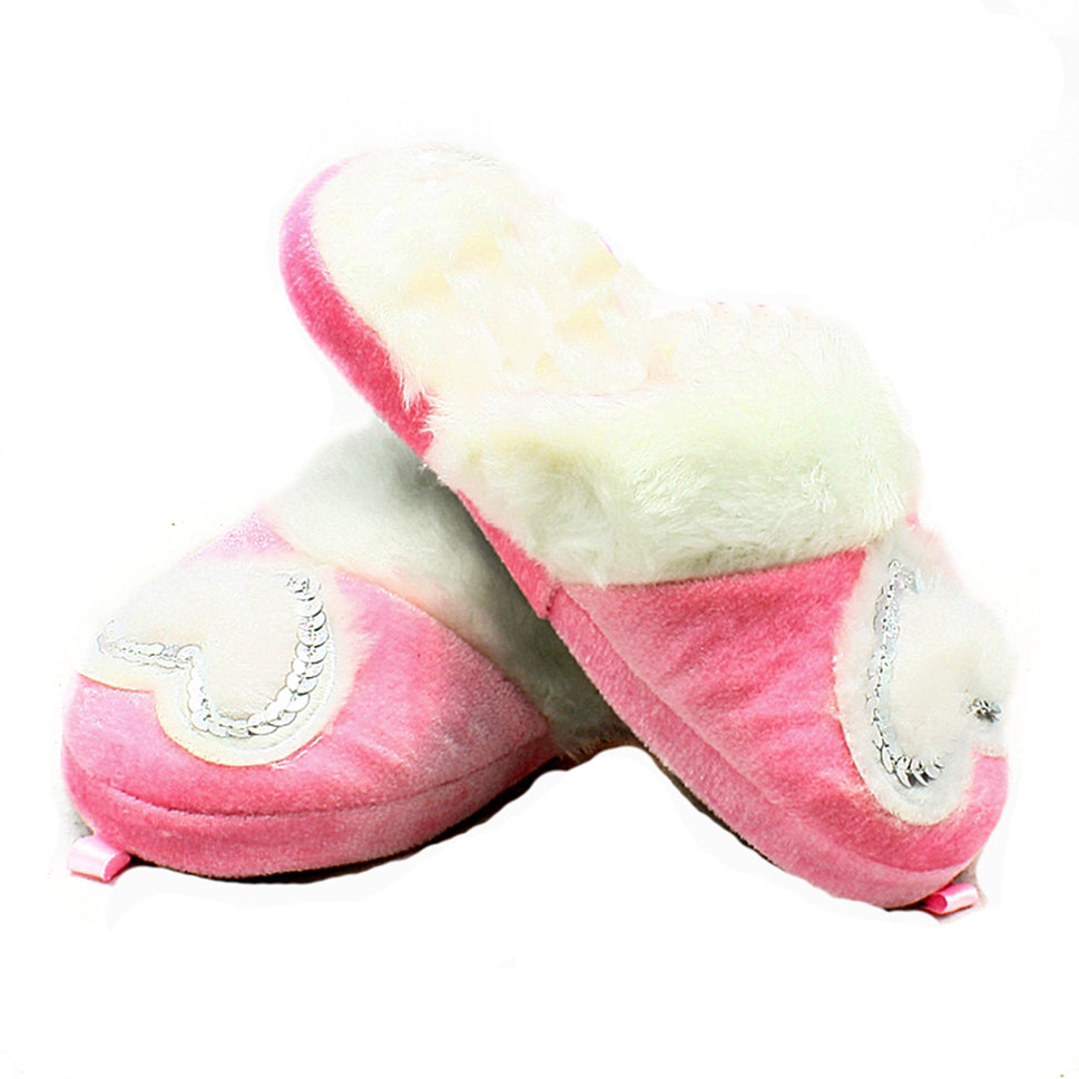 Fluffy open back slippers with cream cuff and heart to frontUK 9-10 childrens / Pink