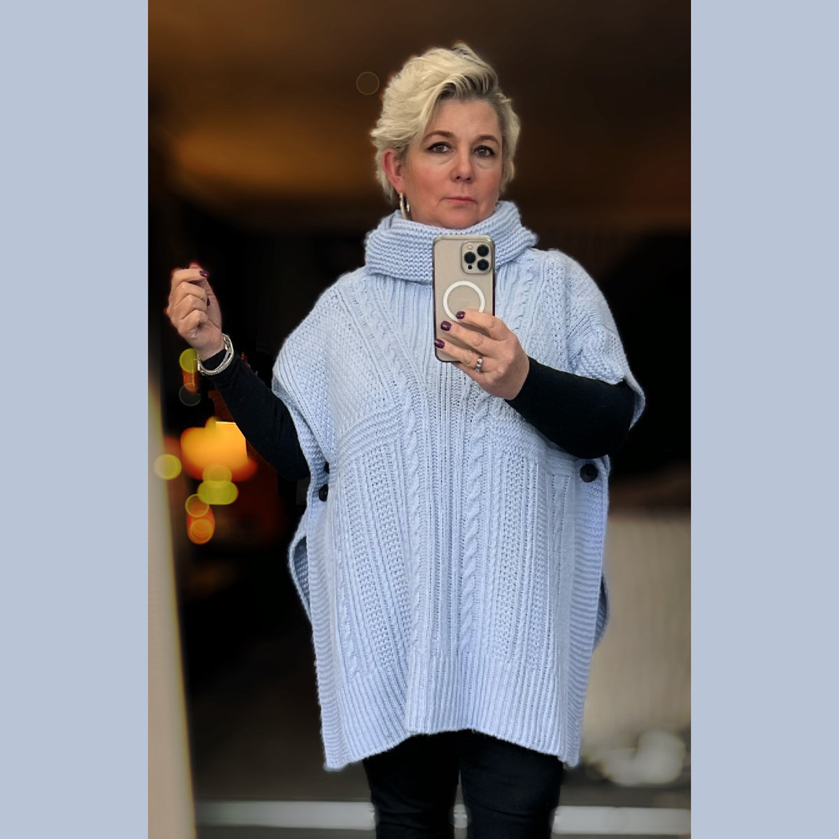 Chunky Knit polo neck poncho open side jumper with buttons