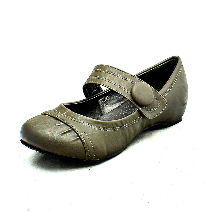 Grey flat Mary jane style court shoes with bar strap