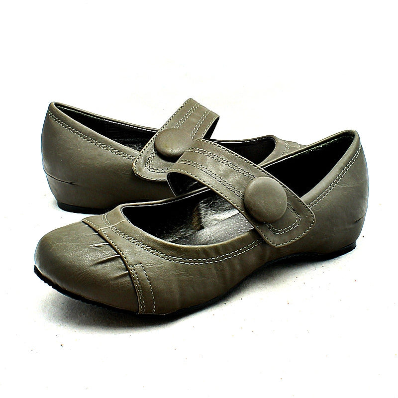 Grey flat Mary jane style court shoes with bar strap