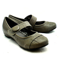 Grey flat Mary jane style court shoes with bar strap