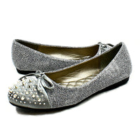 Sparkly spiked toe cap flat shoes with bow