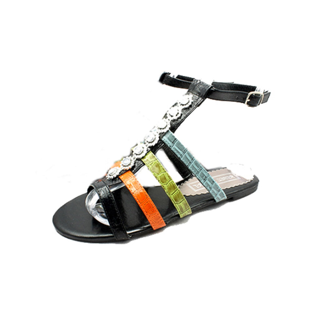 Diamante jewelled ankle strap multi colour flat sandals