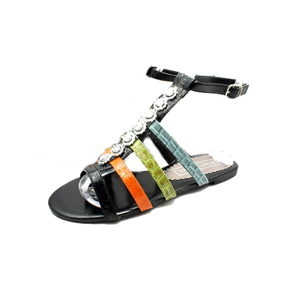 Diamante jewelled ankle strap multi colour flat sandalsBlack / UK 3