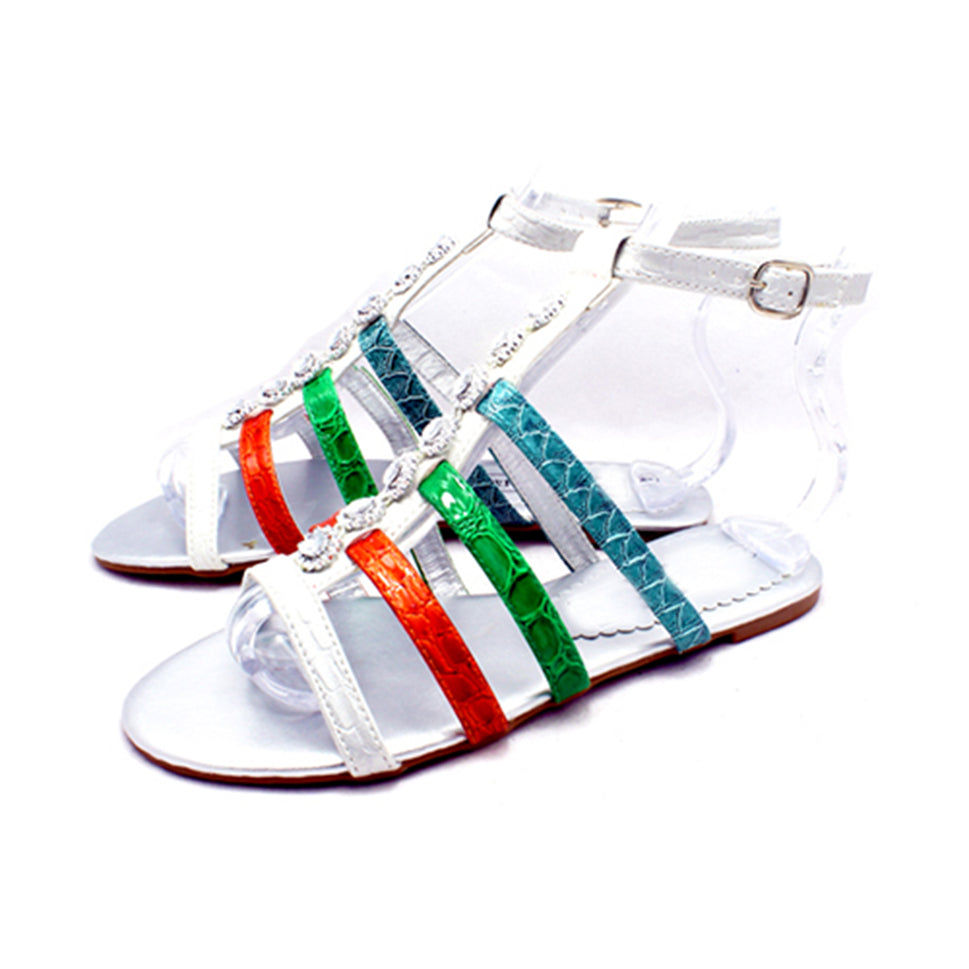 Diamante jewelled ankle strap multi colour flat sandals