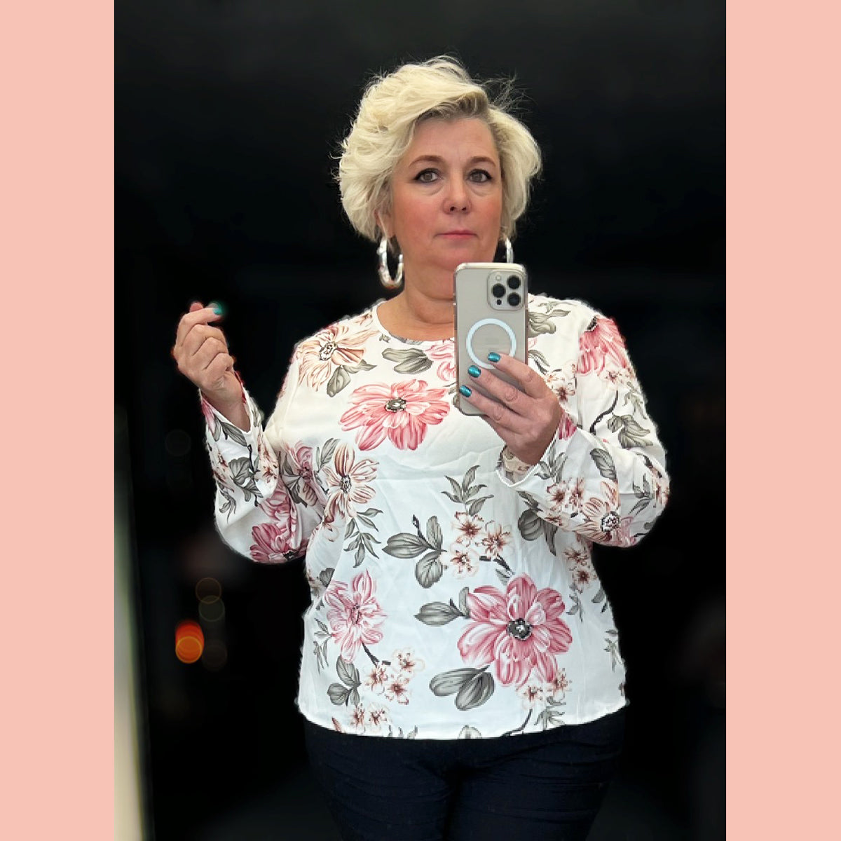 Cream Pink Floral Long Sleeve Blouse / top