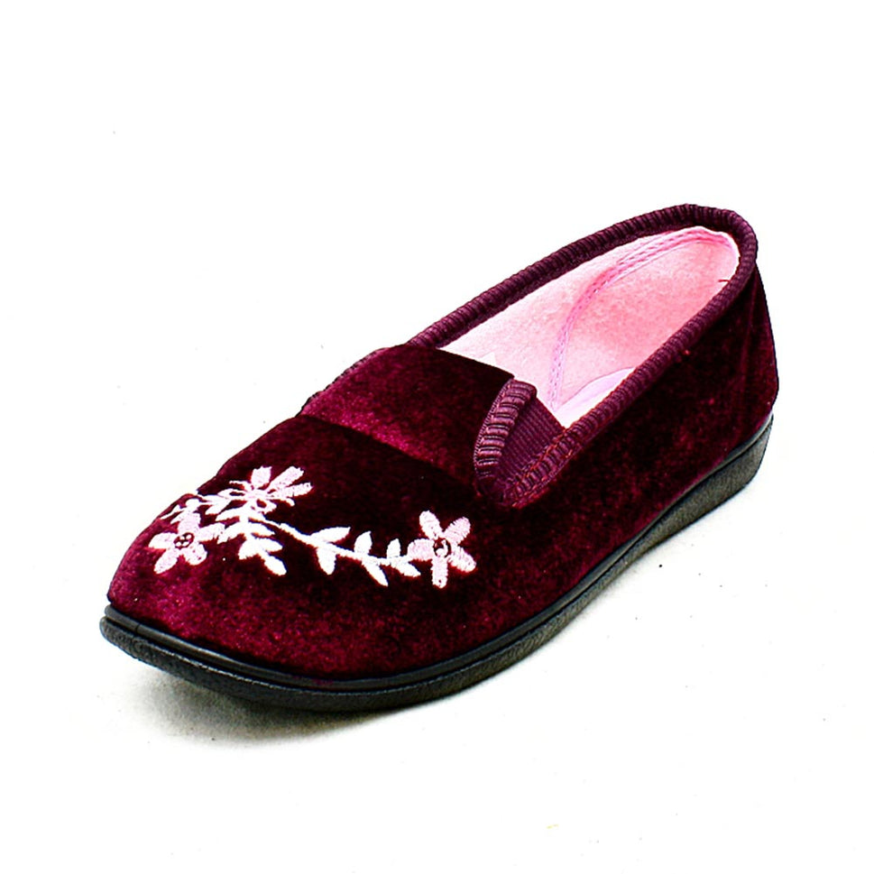 VELOUR ELASTICATED OUTDOOR SOLE EMBROIDERED SLIPPERSHeather / Pink / UK 7