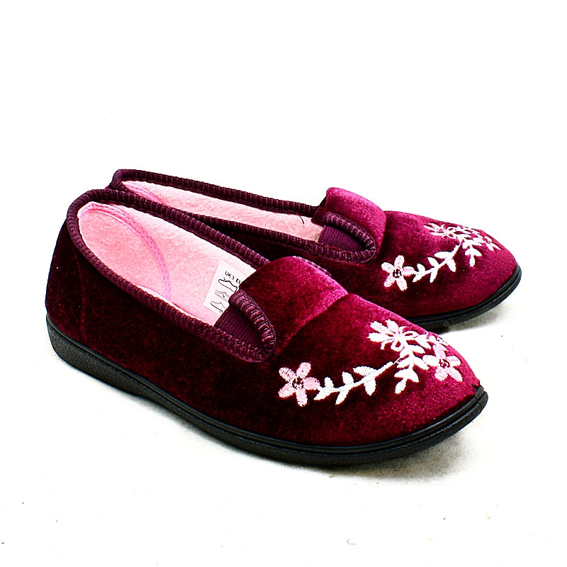 VELOUR ELASTICATED OUTDOOR SOLE EMBROIDERED SLIPPERS