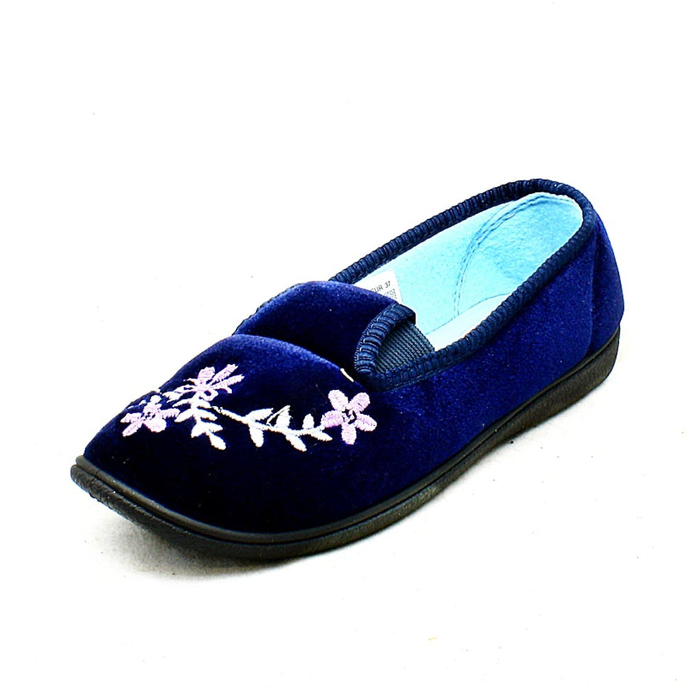 VELOUR ELASTICATED OUTDOOR SOLE EMBROIDERED SLIPPERSNavy Blue / Teal / UK 4