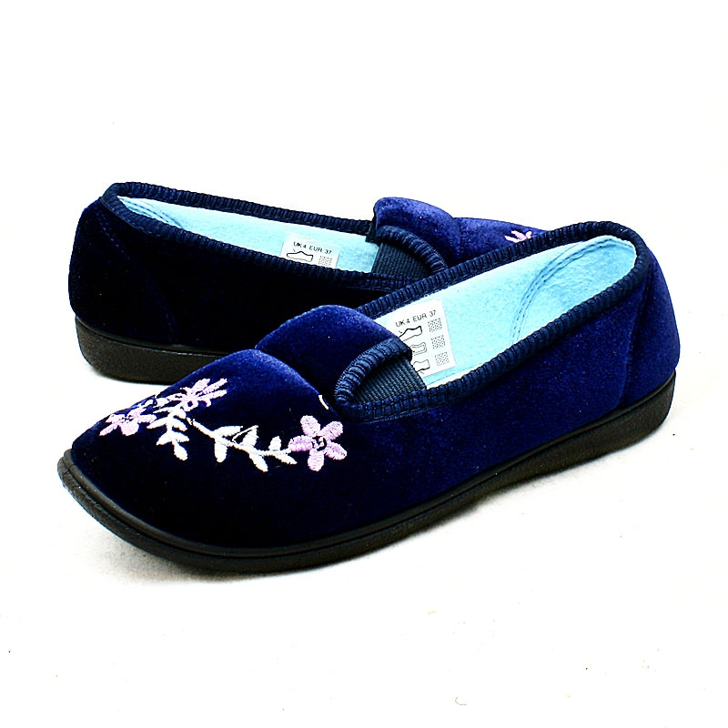 VELOUR ELASTICATED OUTDOOR SOLE EMBROIDERED SLIPPERS