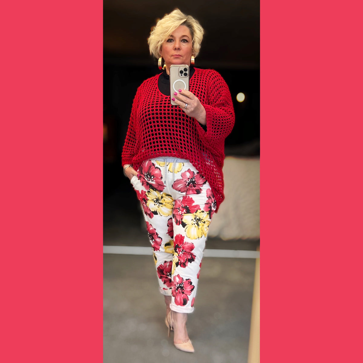 Red Yellow Floral Elastic Waist joggers with side pockets