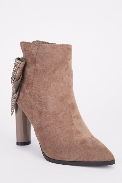 Taupe High Heel Ankle Boots with Sparkly Bow