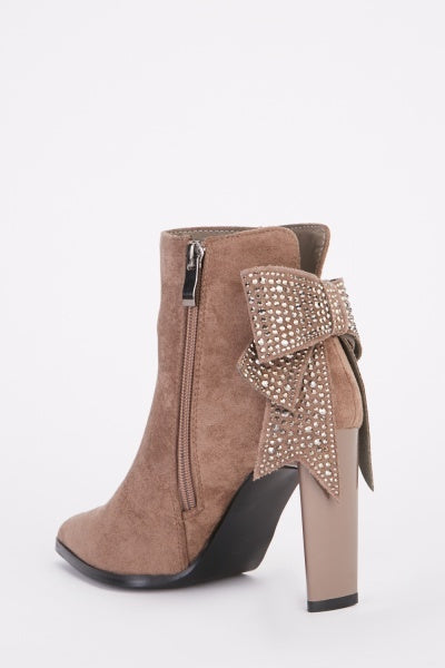 Taupe High Heel Ankle Boots with Sparkly Bow