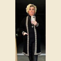 Long Soft knitted Cardigan with front pockets and sparkly grecian edge
