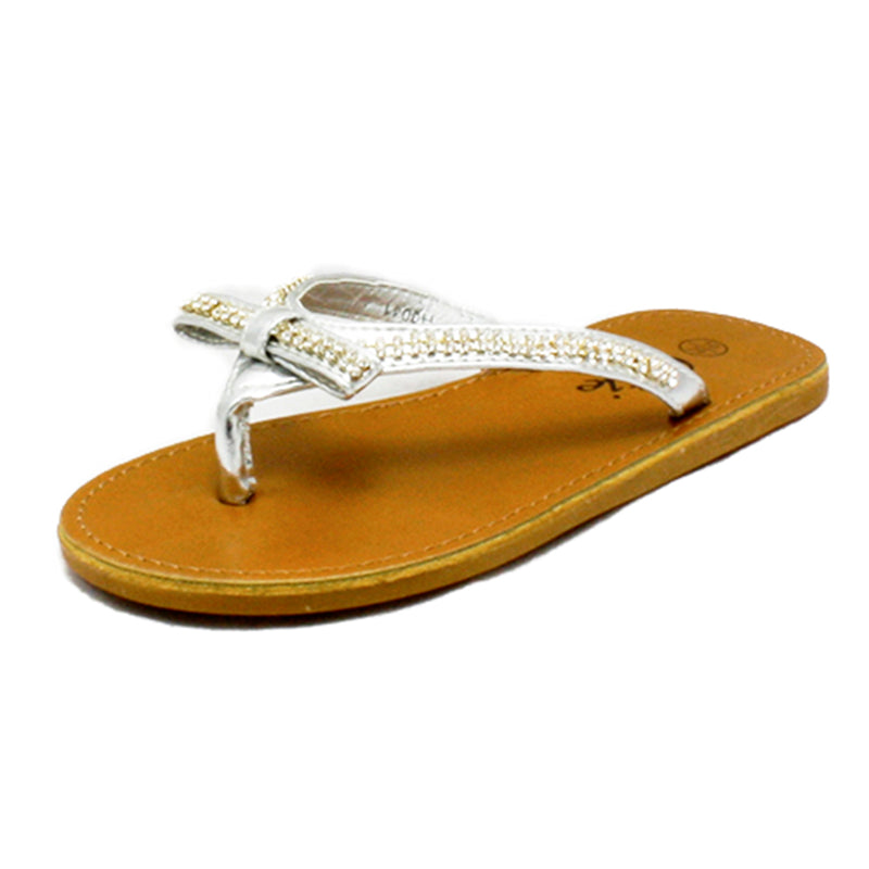 Girls faux leather DIAMANTE detail bow front flip flops sandals - CLEARANCE