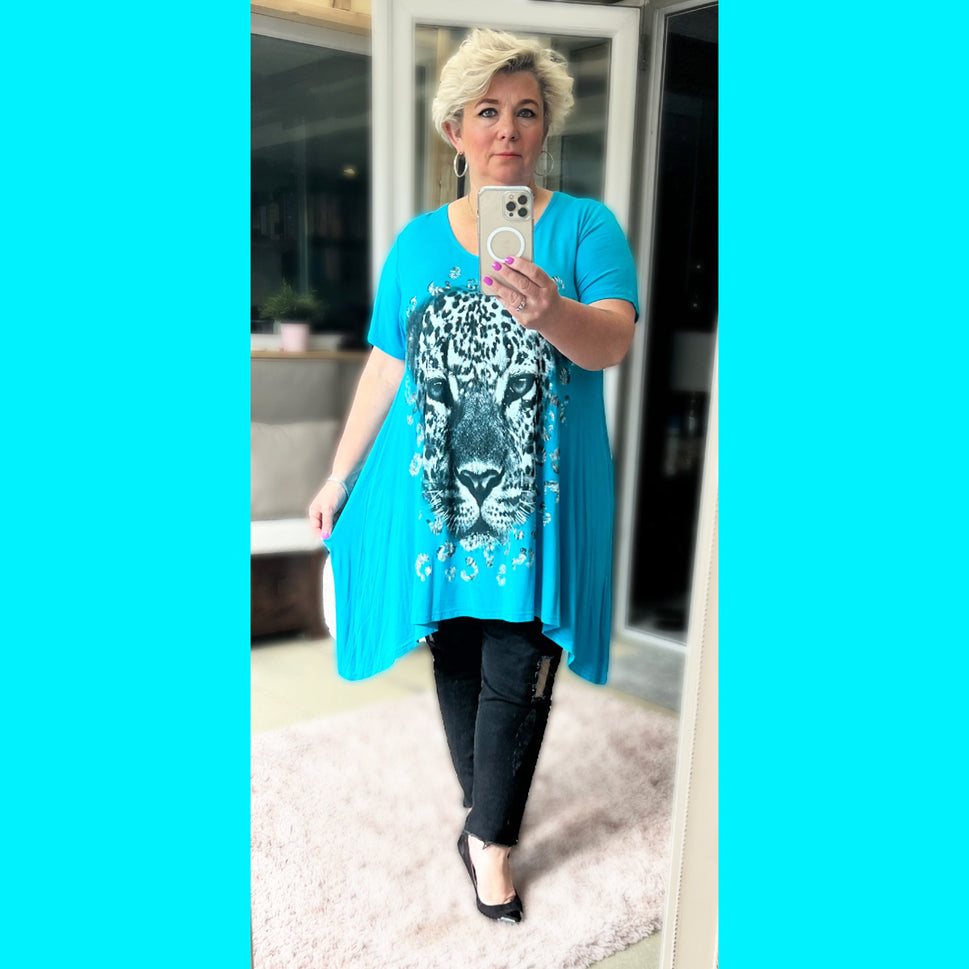 Hanky Hem Long Length top short sleeve leopard printTeal / UK 12-14