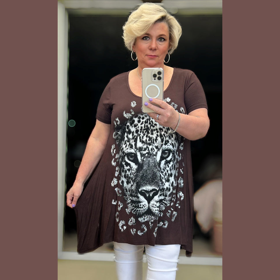 Hanky Hem Long Length top short sleeve leopard printBrown / UK 12-14