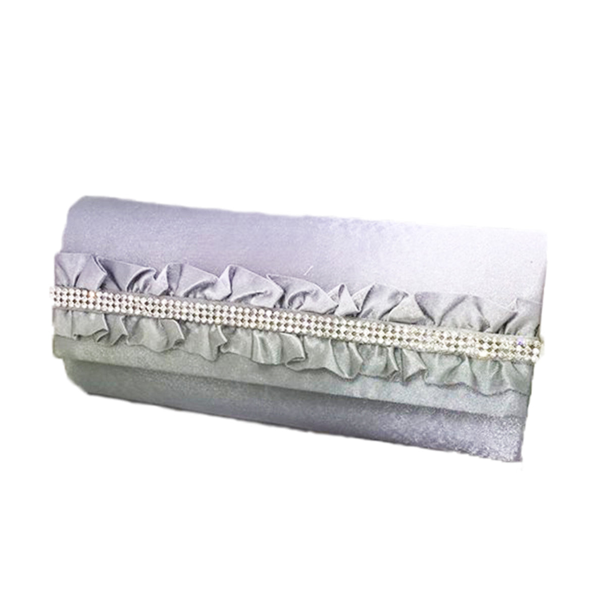 Silver satin evening clutch bag with frilled front and diamanté strip