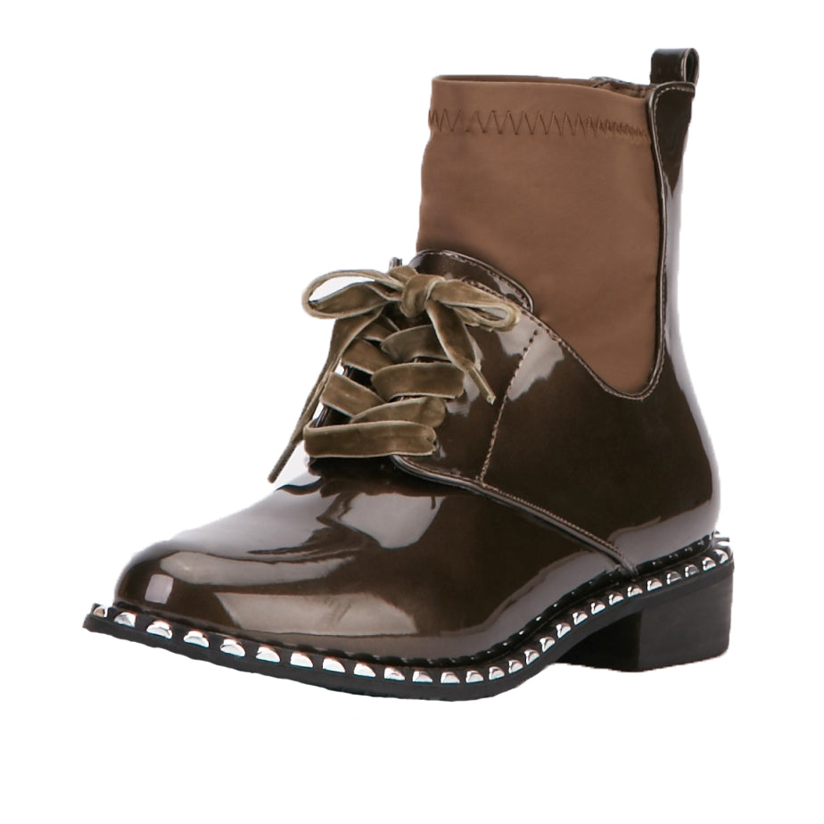 ROCKTHOSECURVES BROWN / BRONZE PATENT FLAT BOOTS