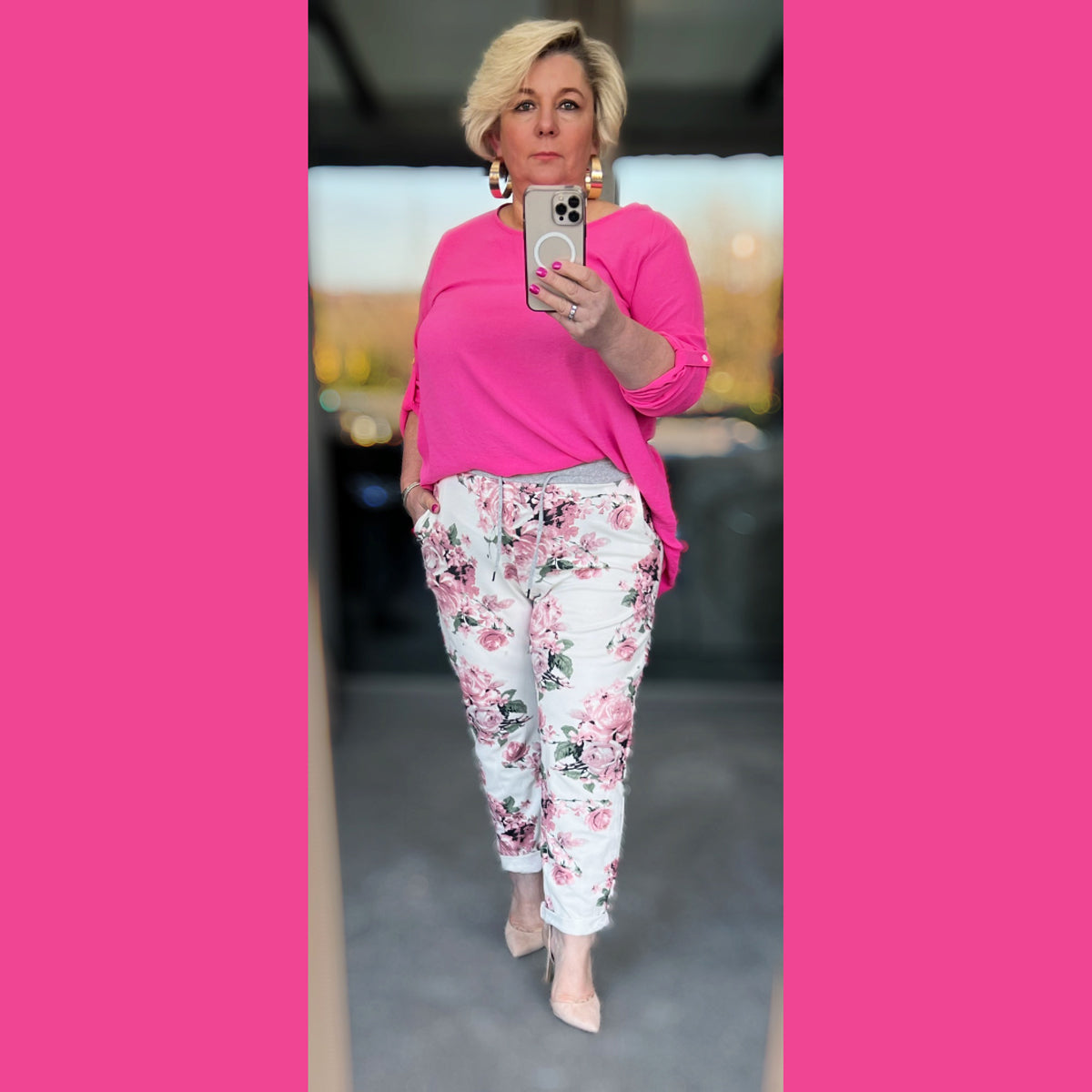 Pink White Floral Elastic Waist joggers with side pockets