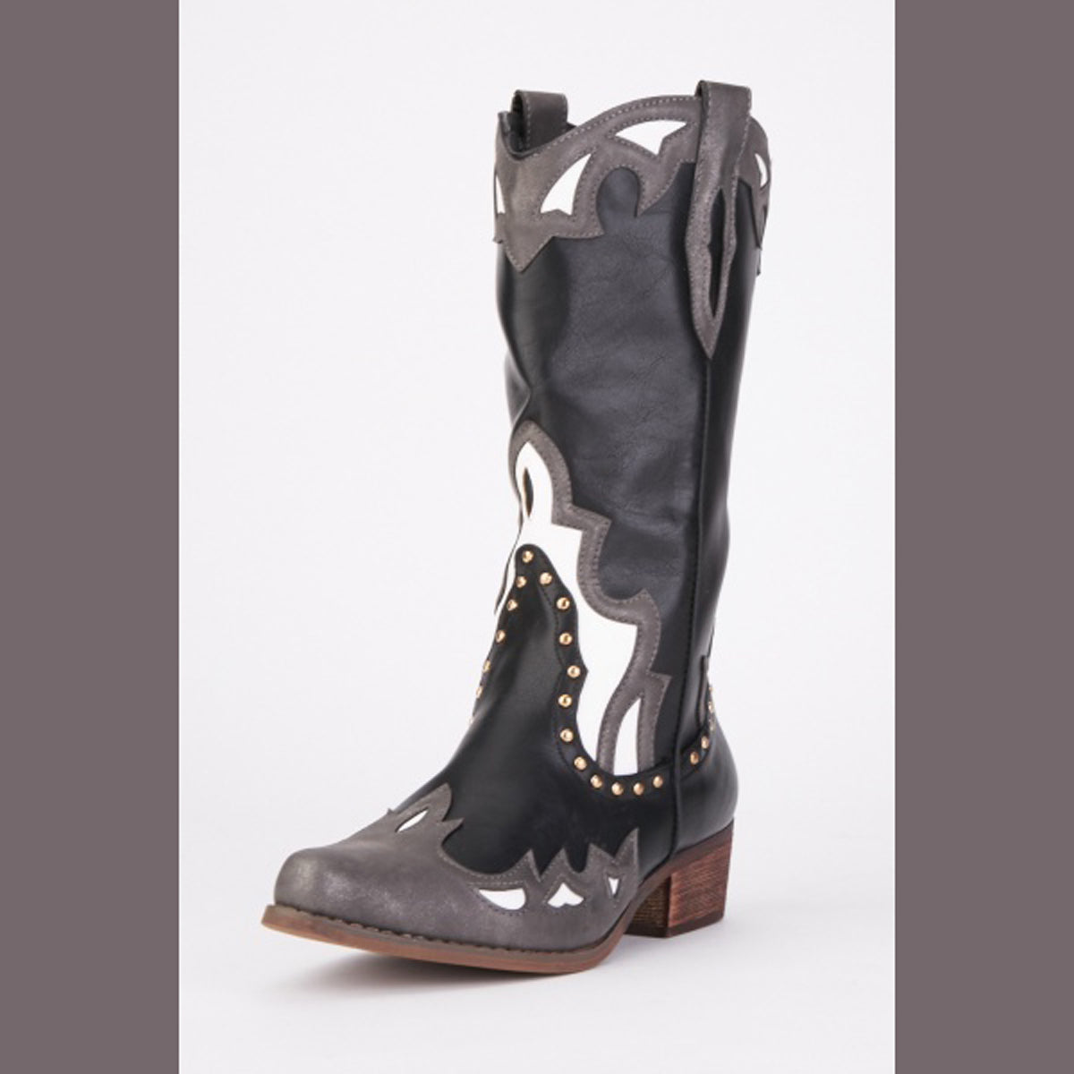 Black Grey Cowboy / Western Boots Flat Heel Upper Calf Length