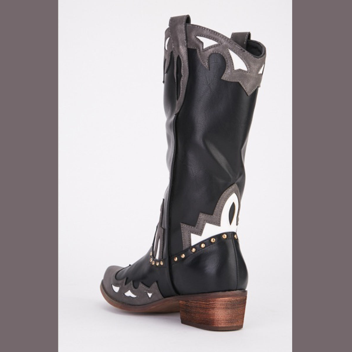Black Grey Cowboy / Western Boots Flat Heel Upper Calf Length
